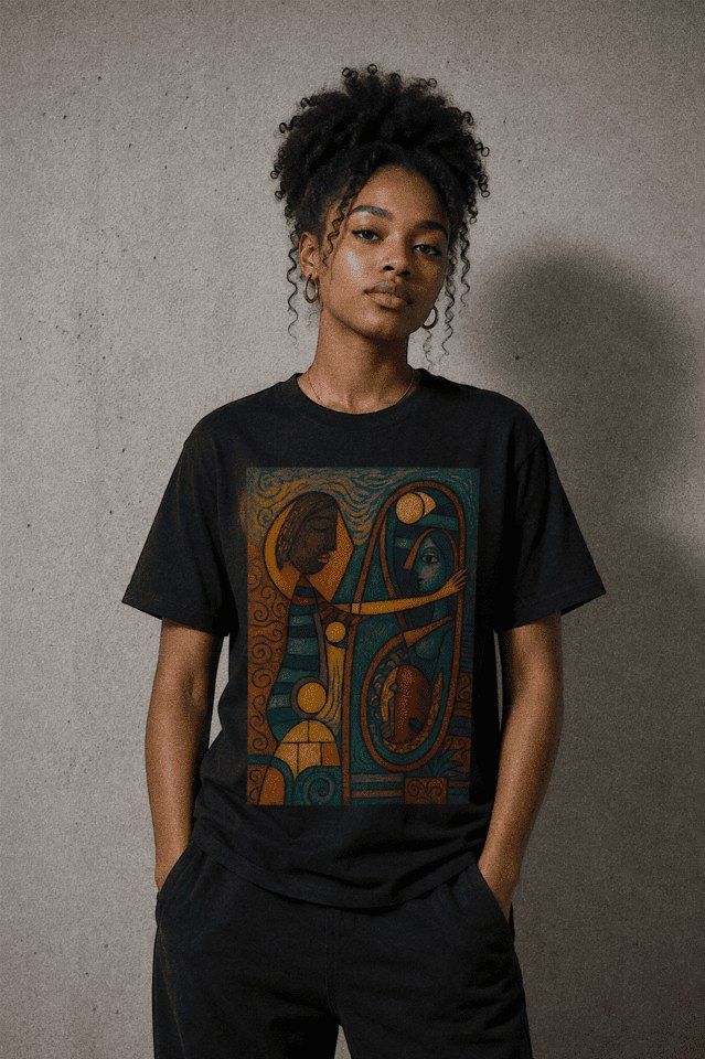 Chica con la camiseta negra de la Criatura de la Verdad, estampada a mano en Tenerife